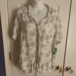 Front Tie Hidden Button Shirt Blouse by DIP XL Cream/Green